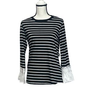 West K Women’s Woven-Ruffle-Cup Striped Knit Tee, Black and White, Sz. M